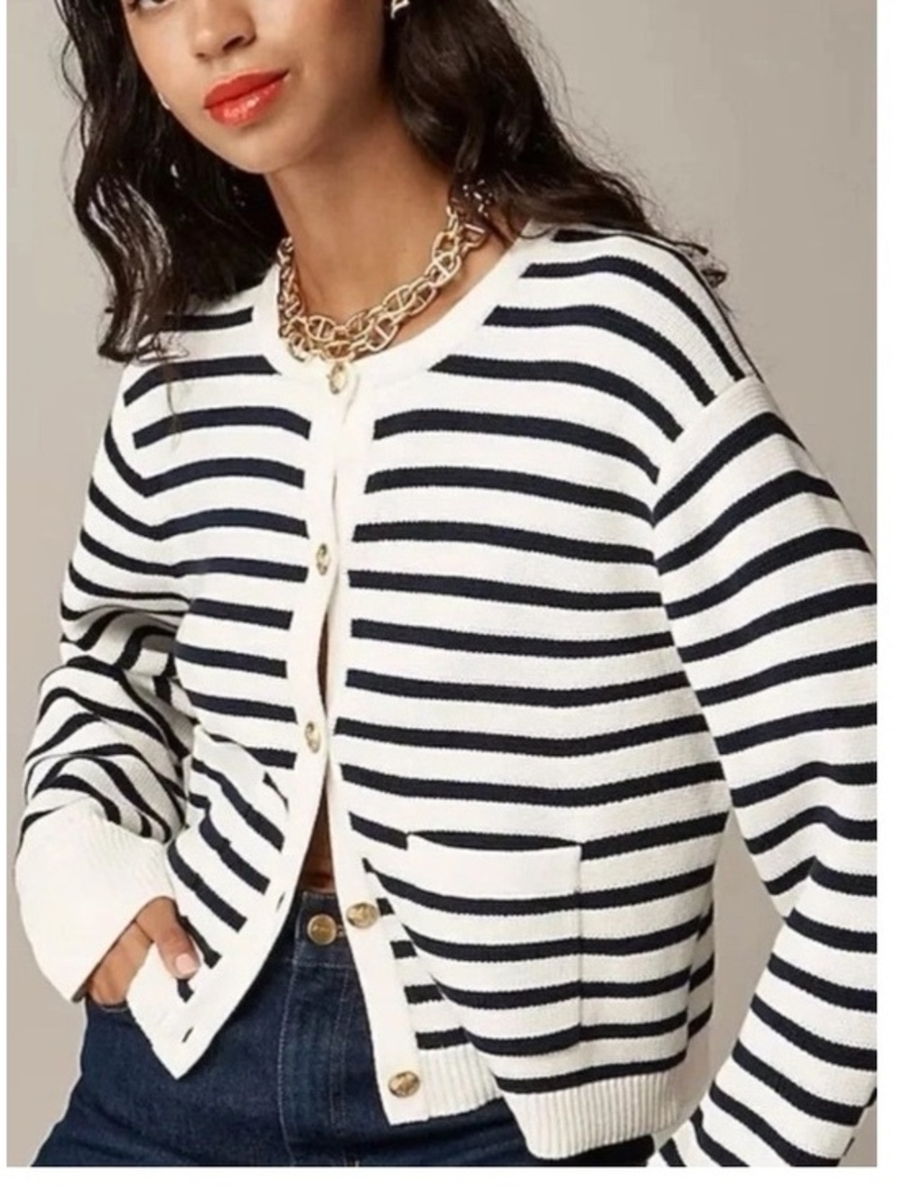 NWOT J Crew Emilie Cotton blue & white Striped Sweater cardigan gold buttons Xl
